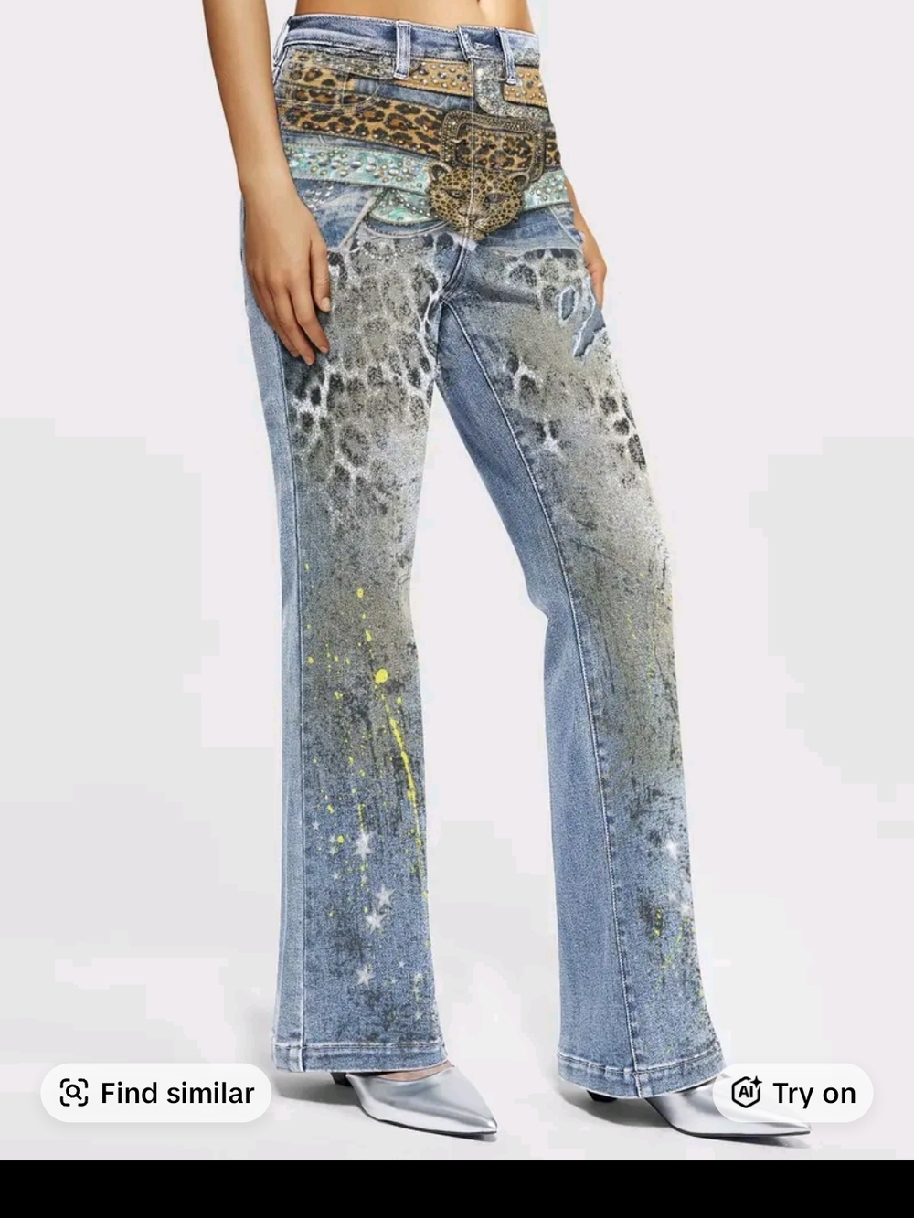 Leopard-Accent Blue Denim Boot Cut-Leg Jeans with Embellished Waist